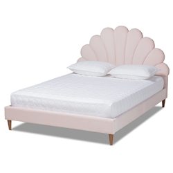 Baxton Studio Odille Modern Glam Light Pink Velvet Upholstered Walnut Brown Finished Wood Queen Size Seashell Shaped Platform Bed